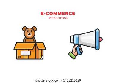 Set of e-commerce icons, such as goods and advertisement icons, with filled outline style. Suitable for E-commerce, online shop, shipment, shopping, and marketing theme - Vector Illustration - Vector