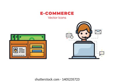 Set of e-commerce icons, such as wallet and customer service icons, with filled ou style. Suitable for E-commerce, online shop, shipment, transaction, and shopping theme