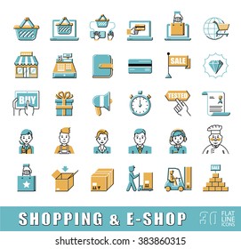 Set of e-commerce icons. Various shopping icons. Flat line premium quality elements. Can be applied for websites for online shopping.