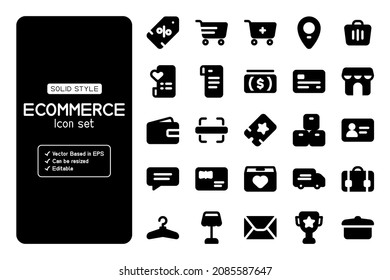 Set of ecommerce icons and it vector based. It may be used in your marketing content. it contains discount icon, cart, location, email, scan, store and more.