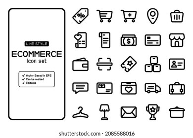 Set of ecommerce icons and it vector based. It may be used in your marketing content. it contains discount icon, cart, location, email, scan, store and more.