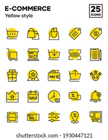 Set of e-commerce icons with yellow style, including online shop, cart, shopping, market, buy and sell. Editable vector icon set