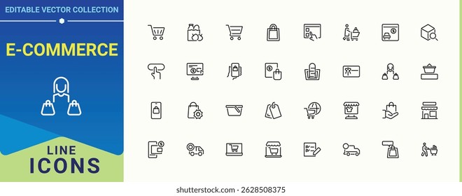 Set of E-Commerce line icon. Contains such icons as  bag, buy, coupon, bag, cart and more. Shopping icon set. Icons for application. Editable vector art.