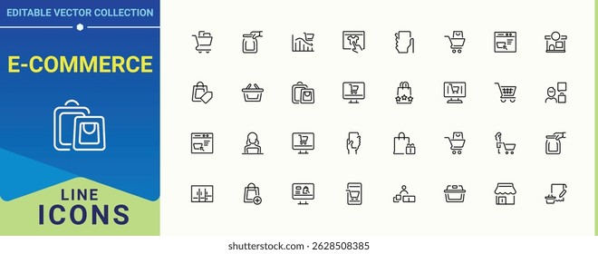 Set of E-Commerce line icon. Contains related to discount, commerce, store, business, supermarket, bag and more. Shopping icon set. Outline symbol collection. Pictogram and infographic.