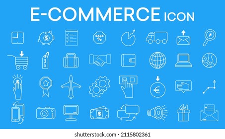 Set of E-commerce line icons. Linear icons isolated on a blue background. Vector illustration