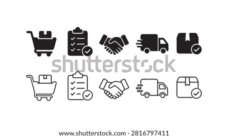 A set of e-commerce and logistics icons featuring shopping carts, checklists, handshakes, delivery trucks, and packages in solid silhouette and linear outline styles isolated on white.