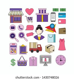 Set of E-commerce Objects. E-commerce Store Shopping Online with Gadget, Chart, Box and Delivery Line Art.Flat Cartoon Vector Illustration.