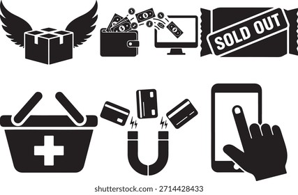 Conjunto de iconos de comercio electrónico y pago en línea con conceptos como entrega urgente, transacciones financieras seguras, alertas de productos agotados y compras móviles seguras.