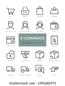 Set of E-Commerce related vector line icons with editable stroke. Contains icons such as Shopping Cart, Basket, Pay, Voucher and more.