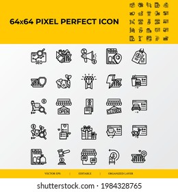 Set of E-commerce Related Vector Line Icons. SEO, product insurance, flash sale and Premium badge.64x64 pixel perfect icons