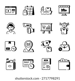 E-Commerce- und Einzelhandels-Symbole im Umrissstil 