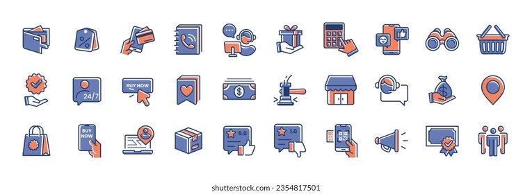 Conjunto de íconos de comercio electrónico de compras. Colección completa de símbolos comerciales de tiendas minoristas. Compra, carrito, promoción, entrega, clientes, ubicación de anclaje y más. Ilustración del vector