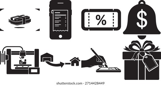 Conjunto de ícones de comércio eletrônico e compras com pacote medido, fatura móvel, cupom de desconto, sino de dólar, impressora 3D, processo de entrega em casa, assinatura digital e caixa de presente embalada.