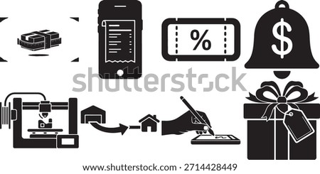 Set of e-commerce and shopping icons featuring measured package, mobile invoice, discount coupon, dollar bell, 3D printer, home delivery process, digital signature, and wrapped gift box.