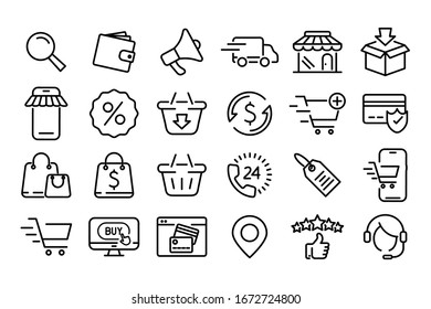 Set of E-commerce, shopping  lines web icons. Shopping Cart, Present and Sale discount. Online buying linear symbols set