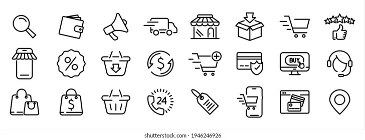 Set of E-commerce, shopping lines web icons. Shopping Cart, Present and Sale discount. Online buying linear symbols set