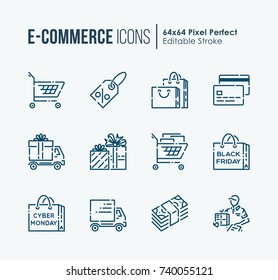 Set of E-Commerce & Shopping related. Vector Line Icons as Discounts, Sale, Shopping, Delivery, Money, Bank Card, Courier. Editable Stroke. 64x64 Pixel Perfect