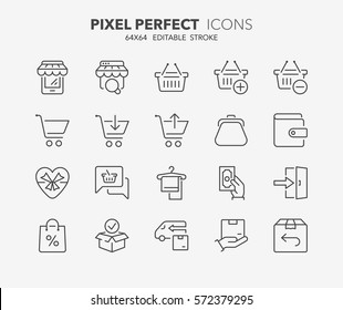 Set of e-commerce and shopping thin line icons. Contains icons as mobile shop, shopping cart, testimonials, shipping and delivery, fashion and more. Editable stroke. 64x64 Pixel Perfect.