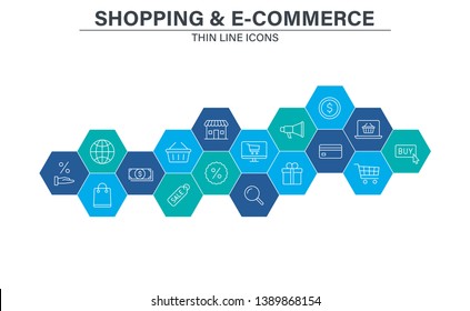 Set of E-commerce and shopping web icons in line style. Mobile Shop, Digital marketing, Bank Card, Gifts. Vector illustration