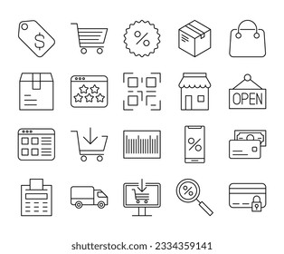 Set of e-commerce stroke line icons. ecommerce online shopping delivery vector illustrations