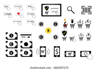Set of E-commerce, web icons, with euro, pound, yen and dollar money, different shopping carts, buy buttons, phones and tablet. 
