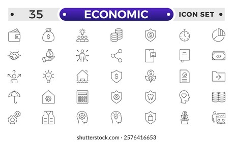 Set of Economic and Insurance line icons. Outline icon collection related to education, insurance, law, government and more. graphs, charts representing market trends, finance analytics. 
