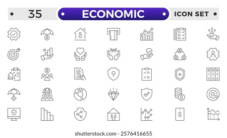 Set of Economic and Insurance line icons. Outline icon collection related to education, insurance, law, government and more. graphs, charts representing market trends, finance analytics. 
