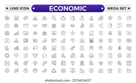 Set of Economic and Insurance line icons. Outline icon collection related to education, insurance, law, government and more. graphs, charts representing market trends, finance analytics. 
