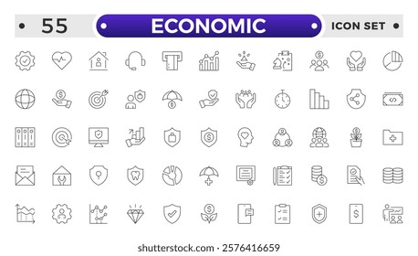 Set of Economic and Insurance line icons. Outline icon collection related to education, insurance, law, government and more. graphs, charts representing market trends, finance analytics. 
