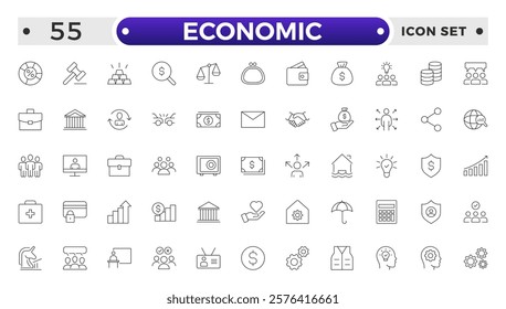 Set of Economic and Insurance line icons. Outline icon collection related to education, insurance, law, government and more. graphs, charts representing market trends, finance analytics. 
