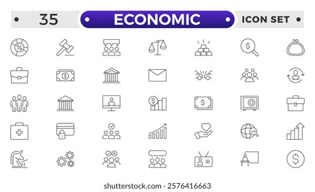 Set of Economic and Insurance line icons. Outline icon collection related to education, insurance, law, government and more. graphs, charts representing market trends, finance analytics. 
