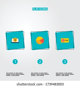 Set of economy icons flat style symbols with pie chart, bill, laptop money and other icons for your web mobile app logo design.