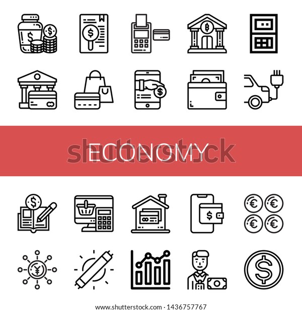 Set of\
economy icons such as Money jar, Bank, Payment, Credit card,\
Wallet, Calculator, Electric car, Economy, Yen, Led light,\
Combination chart, Banker, Euro, Budget ,\
economy