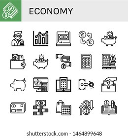 Set of economy icons such as Wallet, Banker, Combination chart, Fintech, Exchange, Piggy bank, Cash back, Calculator, Pig, Credit card, Dollar bills, Ledger , economy