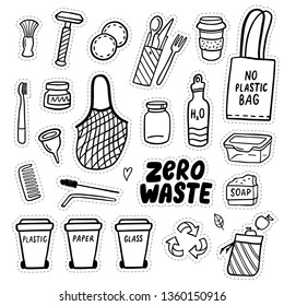 Set of eco-style doodle elements. Zero waste lifestyle. Go green. Hand-drawn vector illustration. Good for banner, postcard, background or flyer