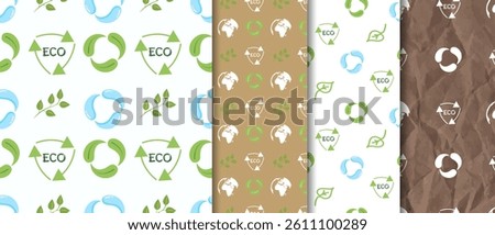 Set of eco-style seamless patterns with recycling icons and globe on different backgrounds. Great for sustainable packaging, branding, eco campaigns and eco-friendly product backgrounds.Vector.