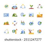 Set of ecosystem icons. Simple signs with forest and pond ecosystem, food chain and water cycle. Design elements for app. Flat vector illustration collection isolated on white background