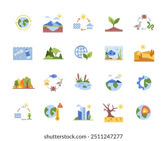 Conjunto de iconos del ecosistema. Señales simples con el ecosistema de bosques y estanques, la cadena alimentaria y el ciclo del agua. Elementos de diseño para App. Colección de Ilustración vectorial plana aislada sobre fondo blanco