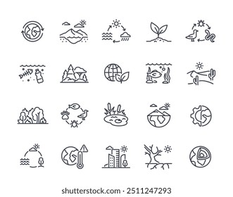 Set of ecosystem line icons. Symbols of food chain, water cycle and global warming. Editable stroke. Design elements for website. Outline vector illustration collection isolated on white background