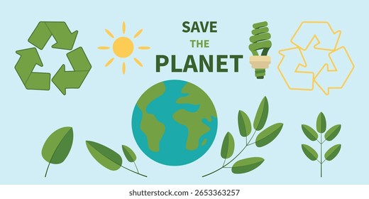 Conjunto de elementos vetoriais com temas ecológicos, incluindo globo terrestre, folhas, ramos folhosos, lâmpada ecológica, símbolo de reciclagem, sol e texto "Salve o planeta" para conceitos de sustentabilidade e natureza.