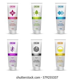 Set ector mock-up of empty and clean tube with cap for cream. Design template 3d white plastic container  for branding, advertising, identity. Blank package isolated on white background.