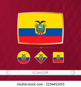 Set of Ecuador flags with gold frame for use at sporting events on a burgundy abstract background. Vector collection of flags.