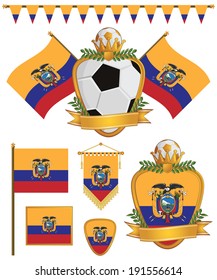 set of ecuador football supporter flags and emblems, isolated on white