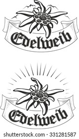 Set of edelweiss (leontopodium) flower, the symbol of alpinism, with banner and mountain. Vector tattoo illustration.  Logo.