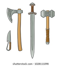 Set edged weapons viking. Knife, axe, sword and hammer with runes. Vintage vector color engraving illustration. Isolated on white background. Hand drawn design element for poster, label, tattoo