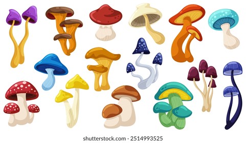 Set of edible and inedible wild mushrooms. Autumn forest raw ingredients. Cartoon illustrations.