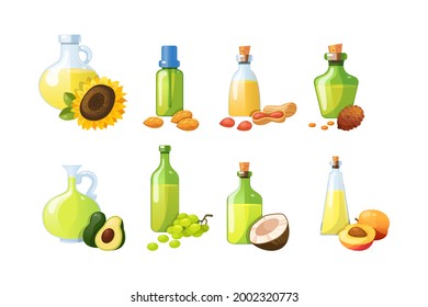 Set of edible oils. Cooking vegetable oil for eating and beauty. Bottles with eco organic delicious ingredients cedar, almond, coconut, avocado, peanuts, sunflower, apricot, grape vector cartoon
