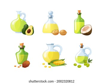 Set of edible oils. Cooking vegetable oil for eating and beauty. Bottles with eco organic delicious ingredients corn, walnut, coconut, avocado, cedar, olive vector cartoon