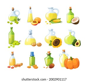Set of edible oils. Cooking vegetable oil for eating and beauty. Bottles with eco organic delicious ingredients olive, grape, corn, coconut, walnut, apricot, avocado, sunflower vector cartoon