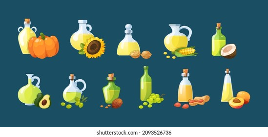 Set of edible oils. Cooking vegetable oil for eating and beauty. Bottles with eco organic delicious ingredients cedar, almond, coconut, avocado, peanuts, sunflower, apricot, grape vector cartoon